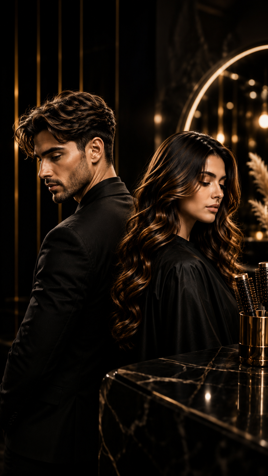 Male model with a premium fade haircut and female model with luxuriously styled hair at Hashmi Unisex Salon